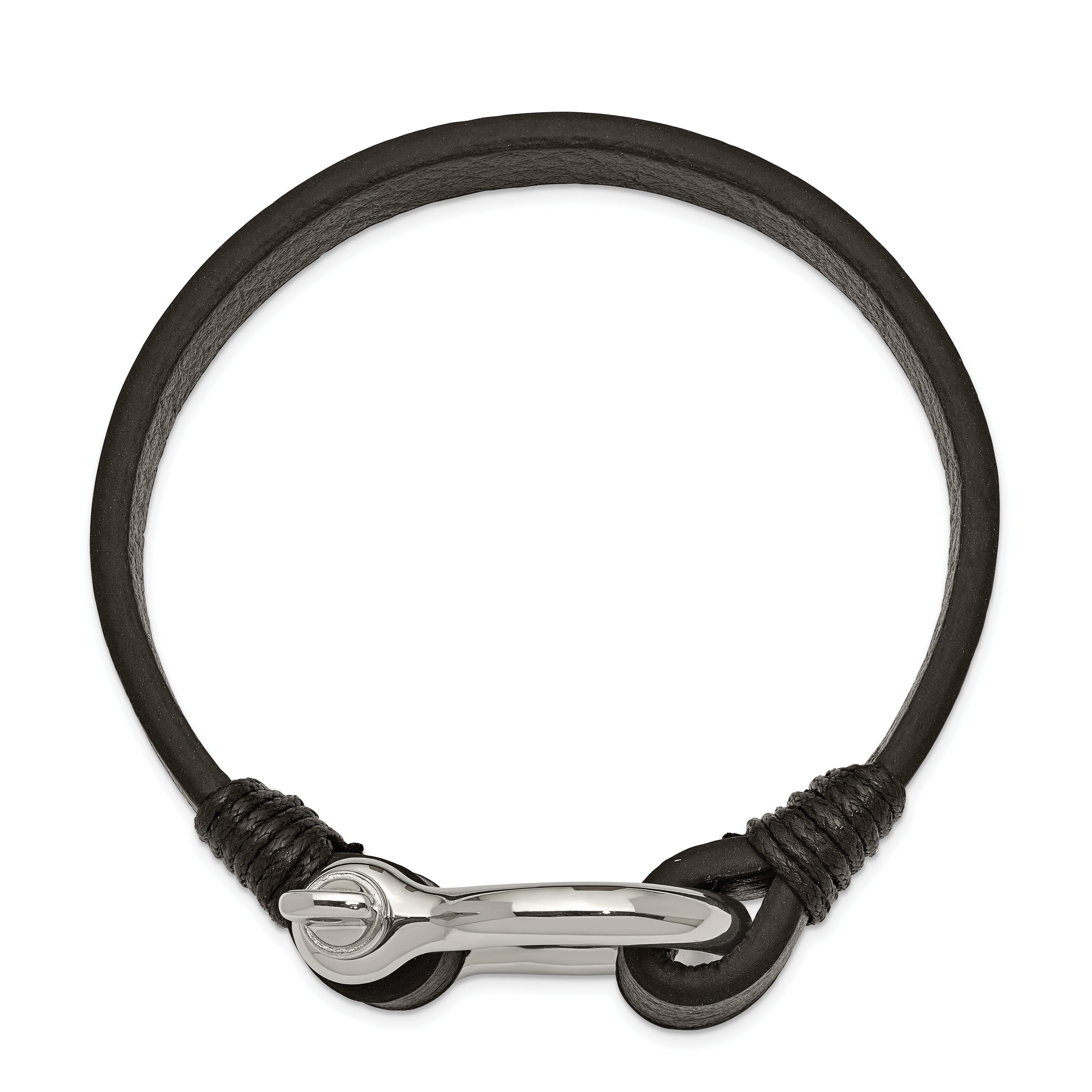 Chisel Stainless Steel Polished Shackle Black Leather 8.25 inch Bracelet