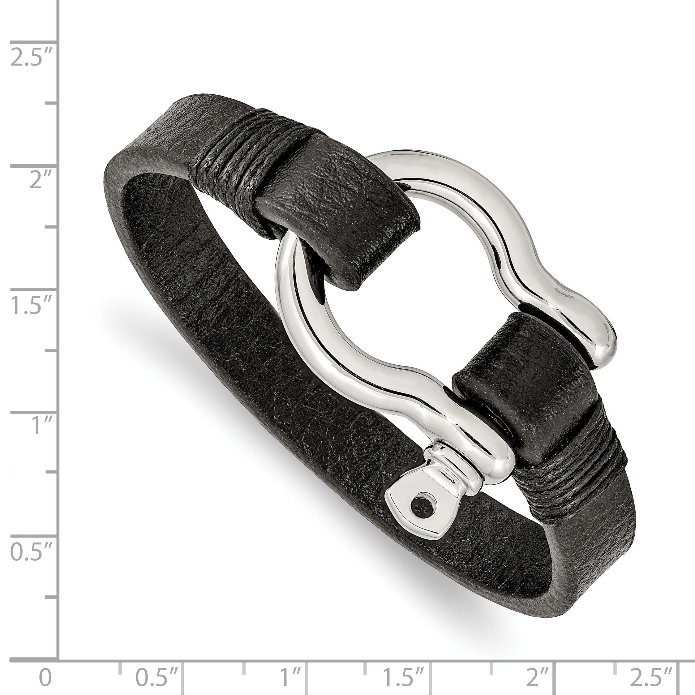 Chisel Stainless Steel Polished Shackle Black Leather 8.25 inch Bracelet