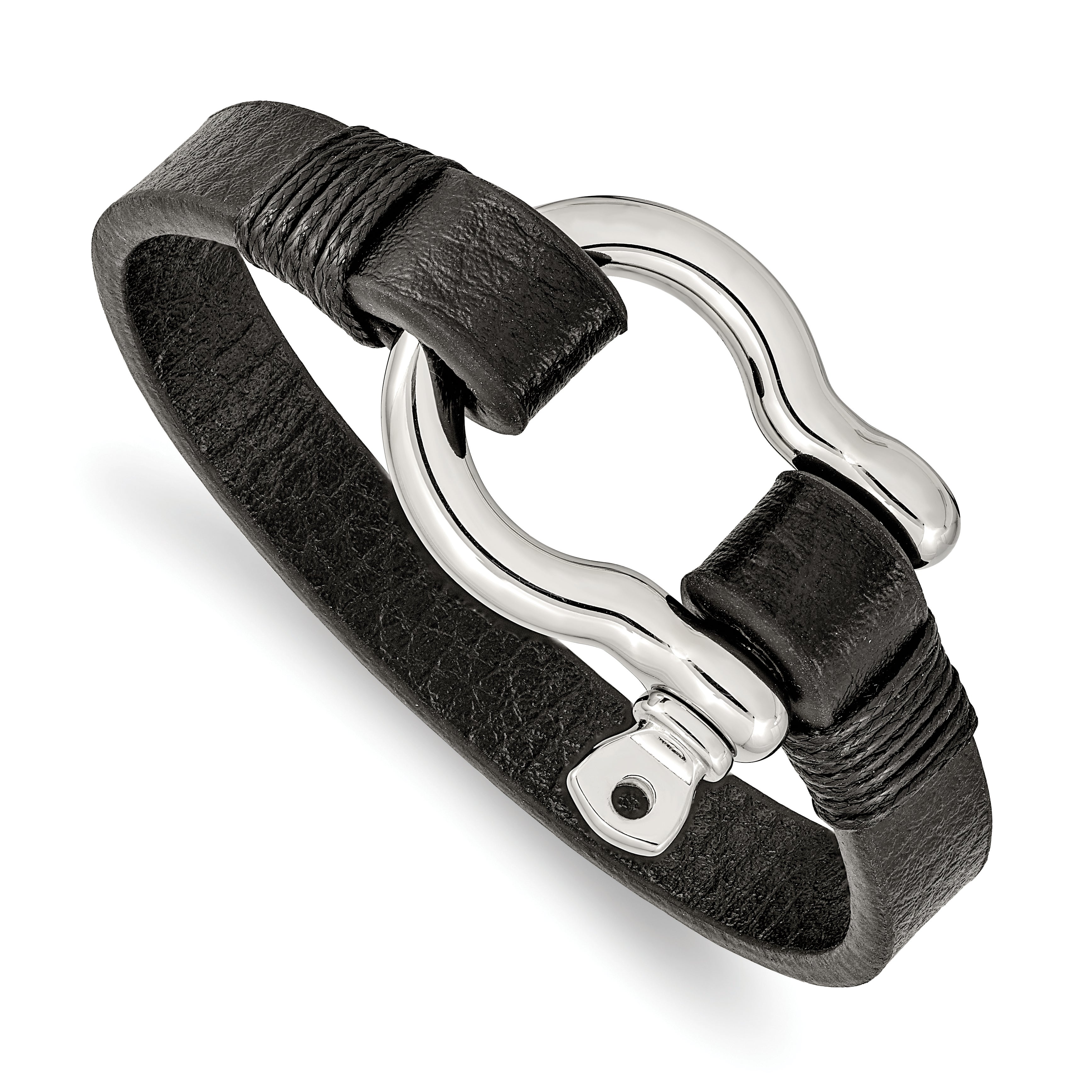 Chisel Stainless Steel Polished Shackle Black Leather 8.25 inch Bracelet