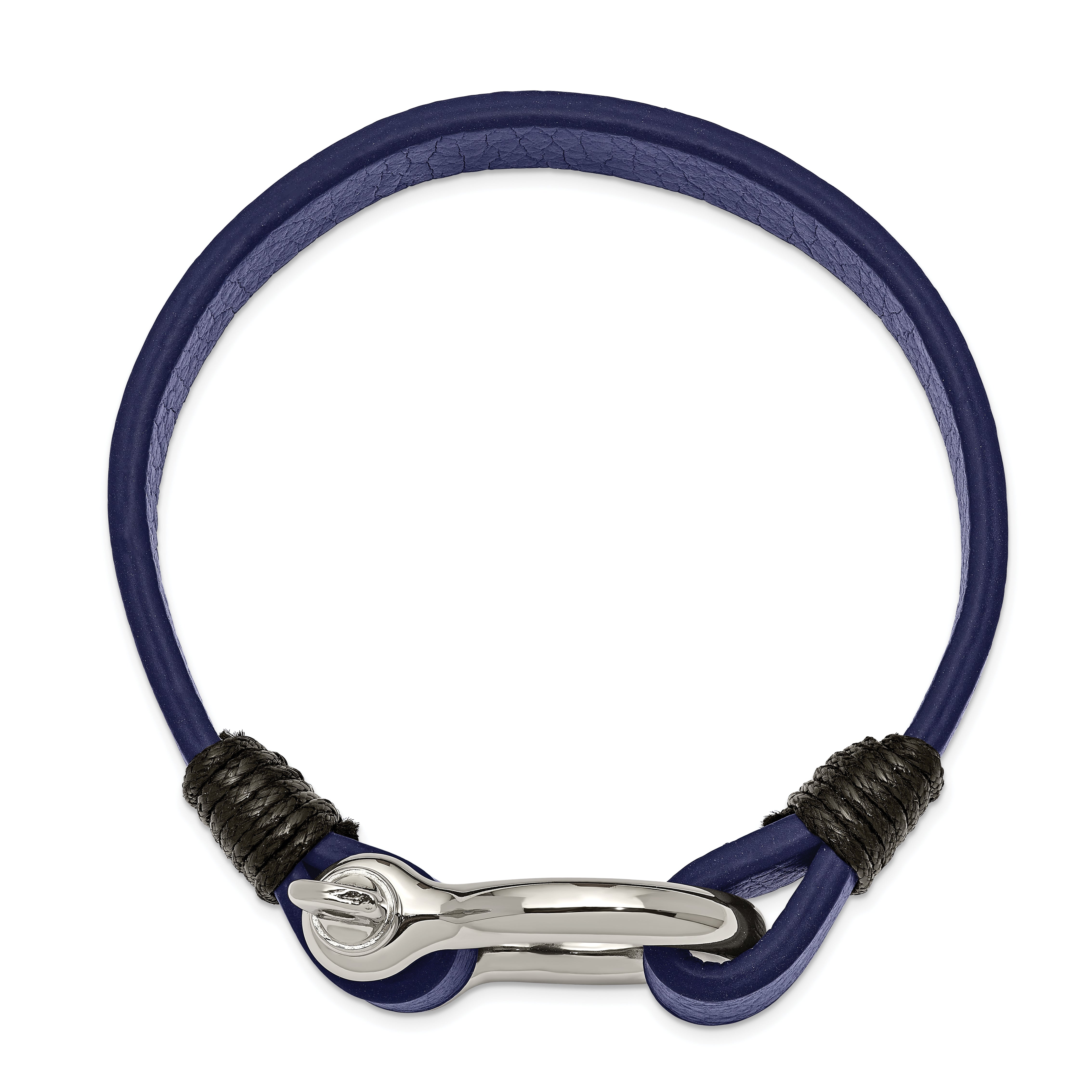 Stainless Steel Polished Black and Blue Leather 8.25in Shackle Bracelet