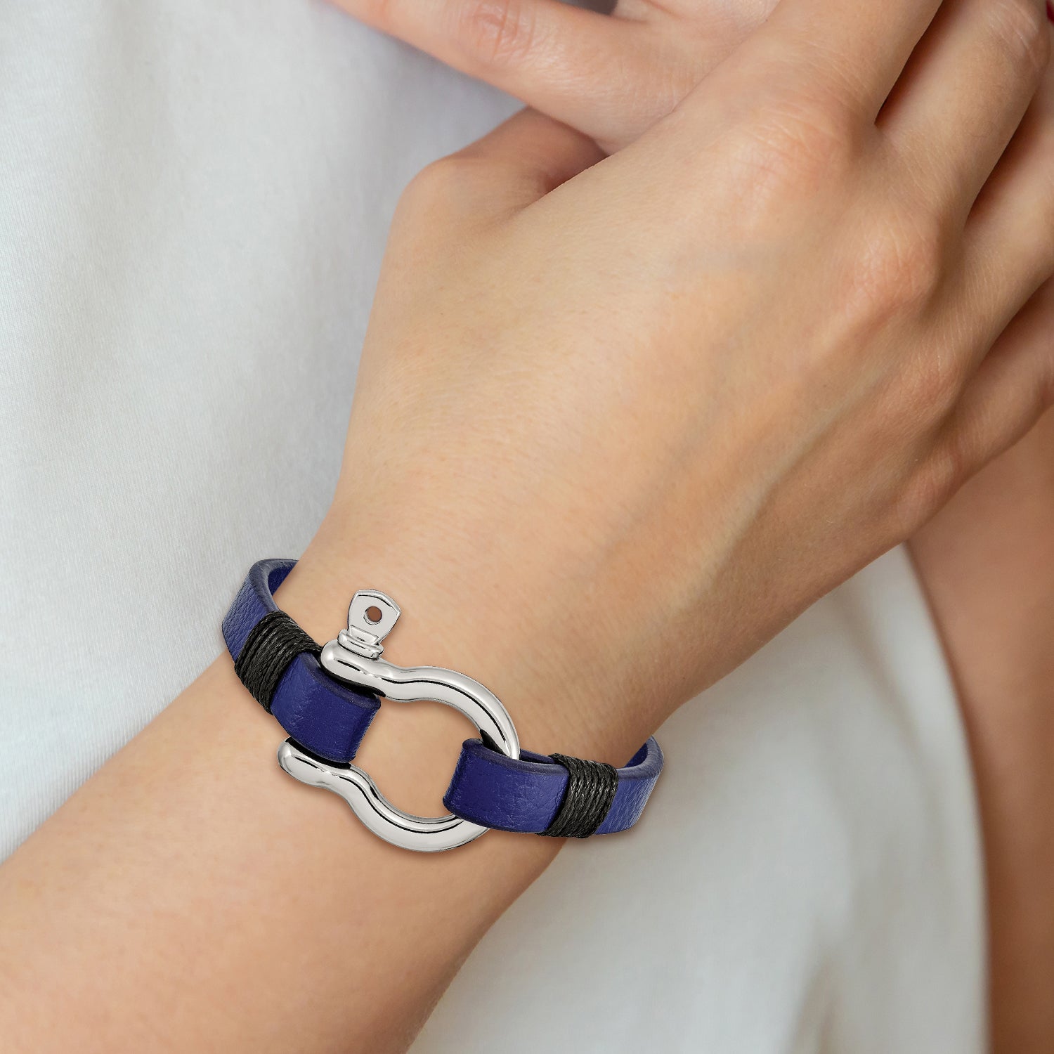 Stainless Steel Polished Black and Blue Leather 8.25in Shackle Bracelet