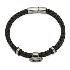 Chisel Stainless Steel Antiqued and Polished Compass Braided Black Leather 8 inch Bracelet