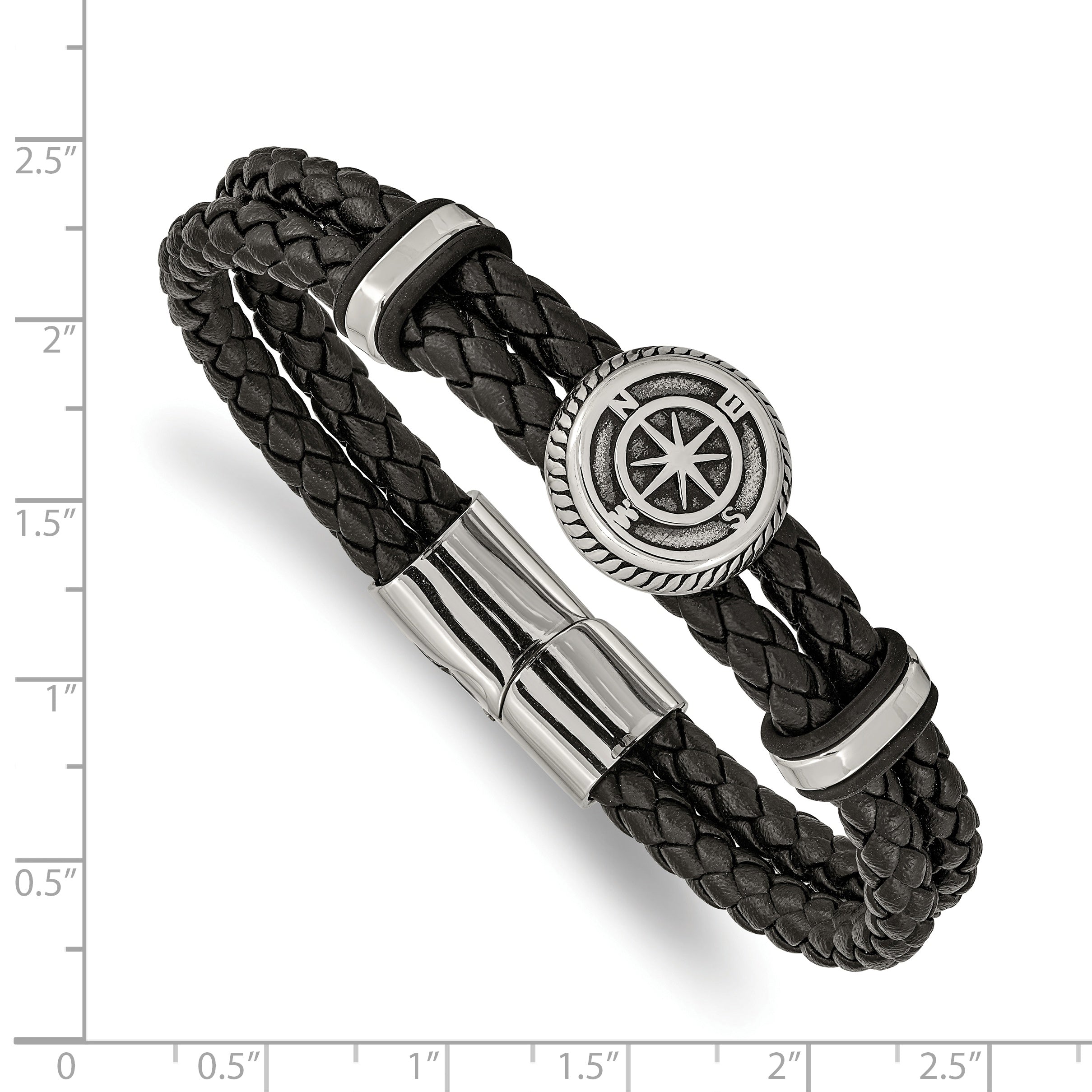 Chisel Stainless Steel Antiqued and Polished Compass Braided Black Leather 8 inch Bracelet