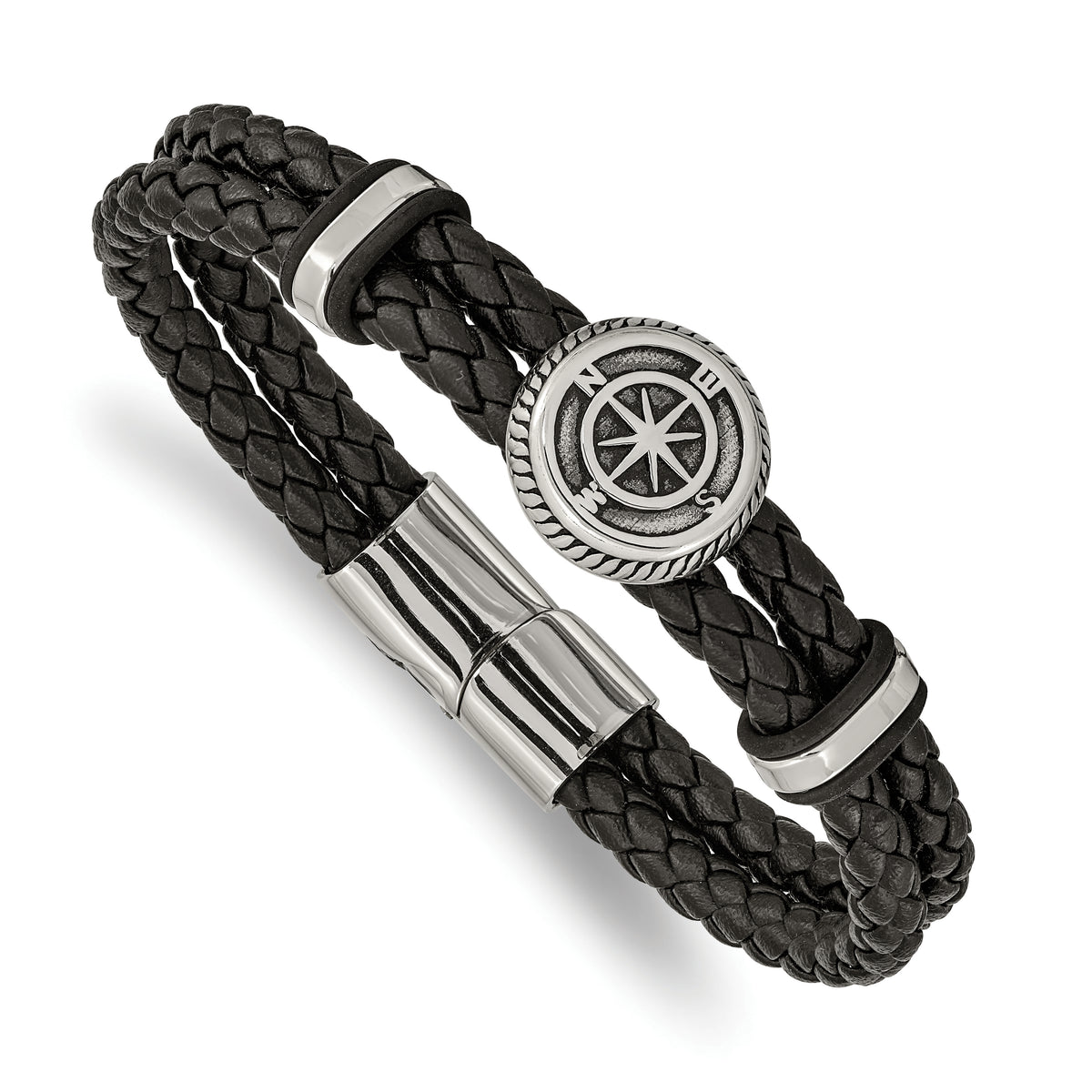 Chisel Stainless Steel Antiqued and Polished Compass Braided Black Leather 8 inch Bracelet