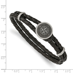 Chisel Stainless Steel Brushed Laser Design Compass Black Woven Leather 8.5 inch Bracelet