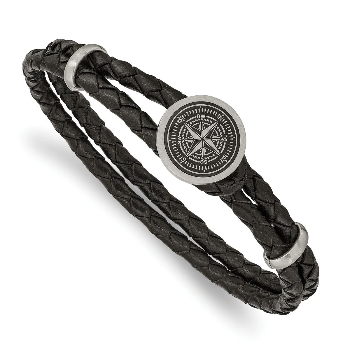 Chisel Stainless Steel Brushed Laser Design Compass Black Woven Leather 8.5 inch Bracelet