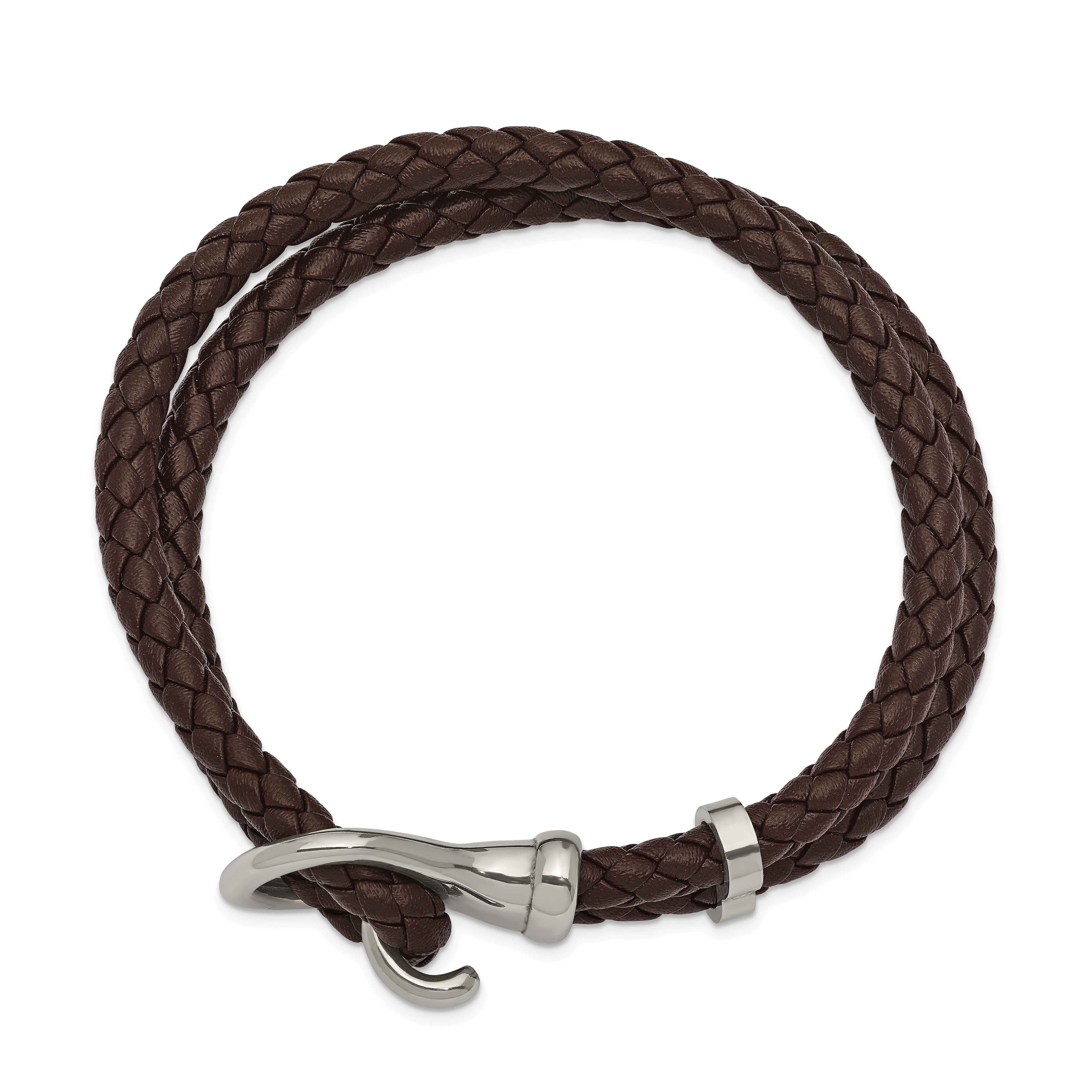 Chisel Stainless Steel Polished Brown Braided Leather 8 inch Bracelet