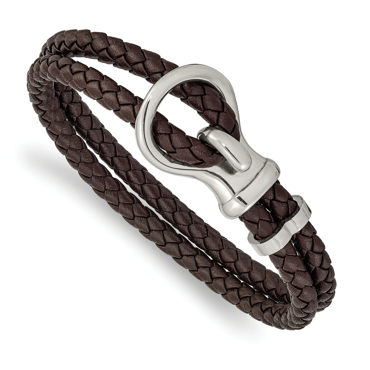 Chisel Stainless Steel Polished Brown Braided Leather 8 inch Bracelet