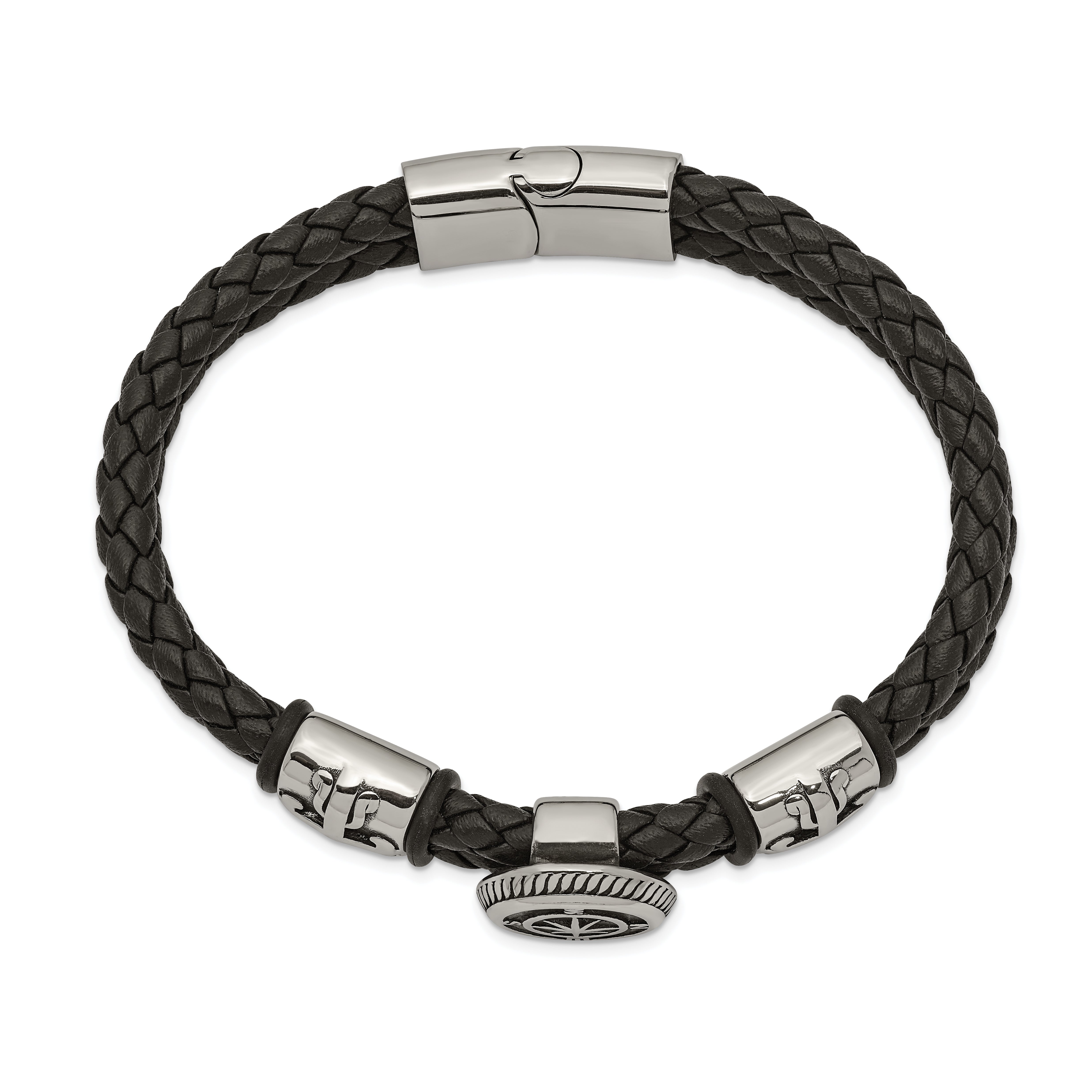 Chisel Stainless Steel Antiqued and Polished Compass Braided Black Leather with Black Rubber 8.25 inch Bracelet