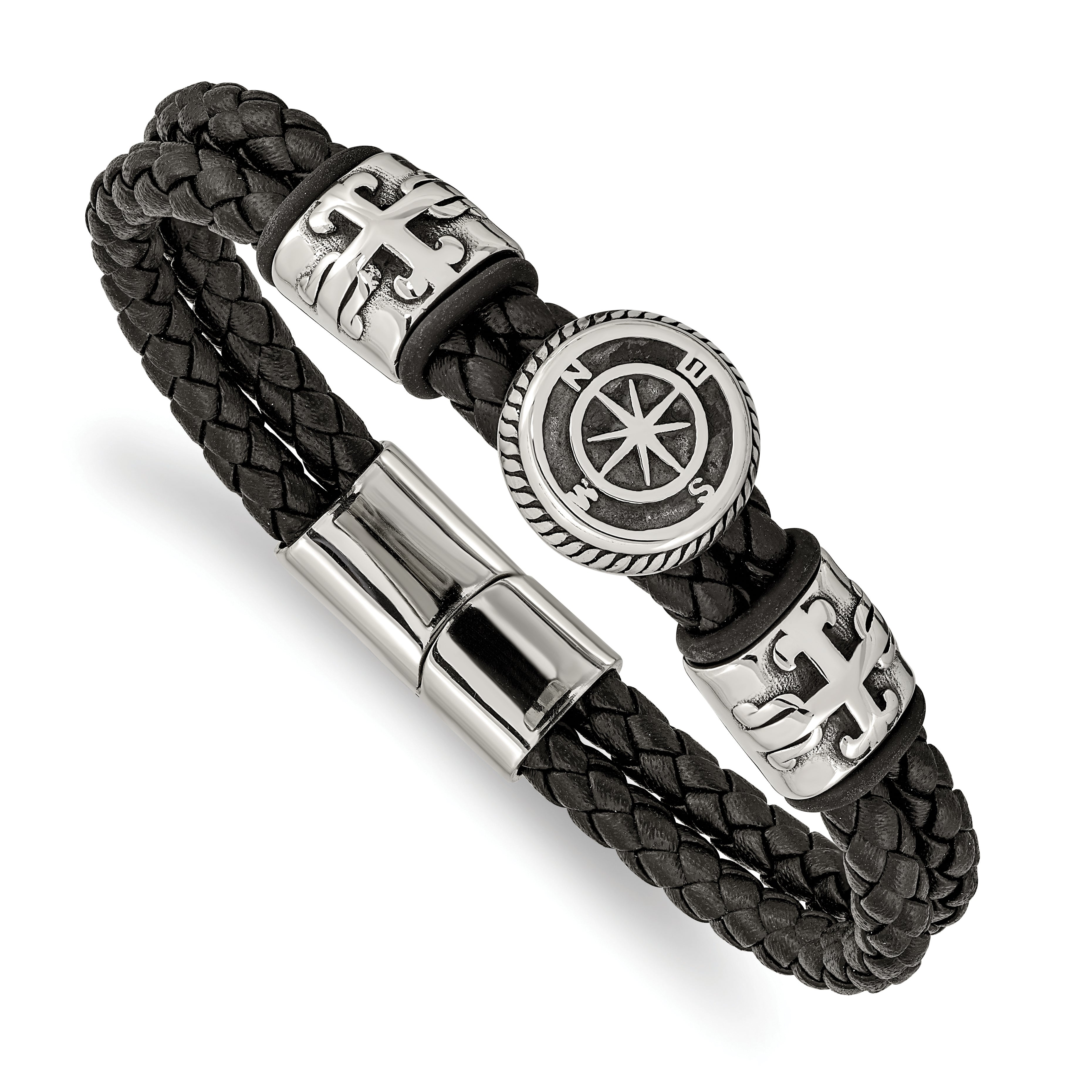 Chisel Stainless Steel Antiqued and Polished Compass Braided Black Leather with Black Rubber 8.25 inch Bracelet