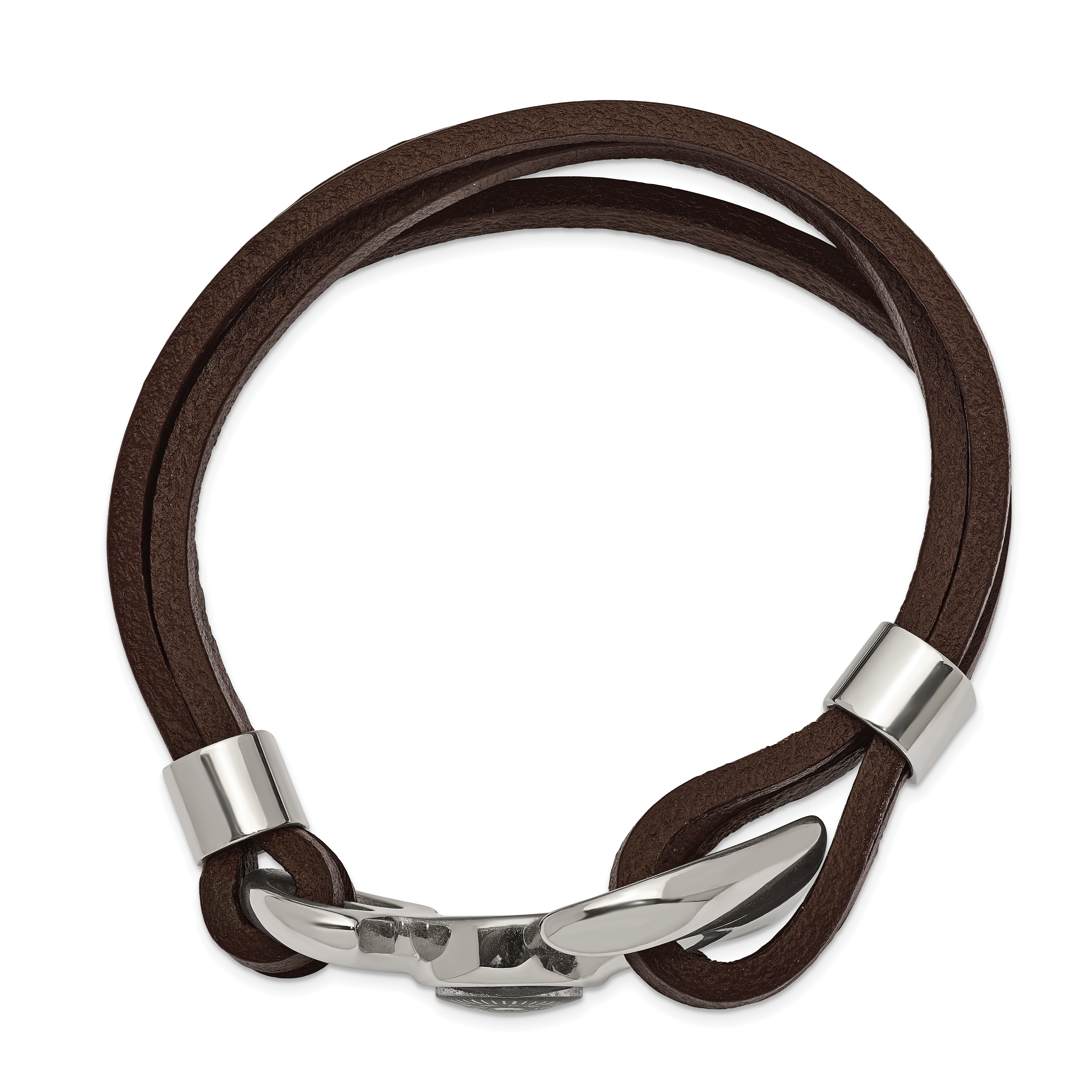 Chisel Stainless Steel Polished Functional Compass Multi Strand Brown Leather 8.5 inch Bracelet