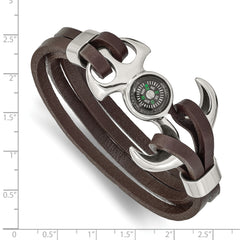 Chisel Stainless Steel Polished Functional Compass Multi Strand Brown Leather 8.5 inch Bracelet