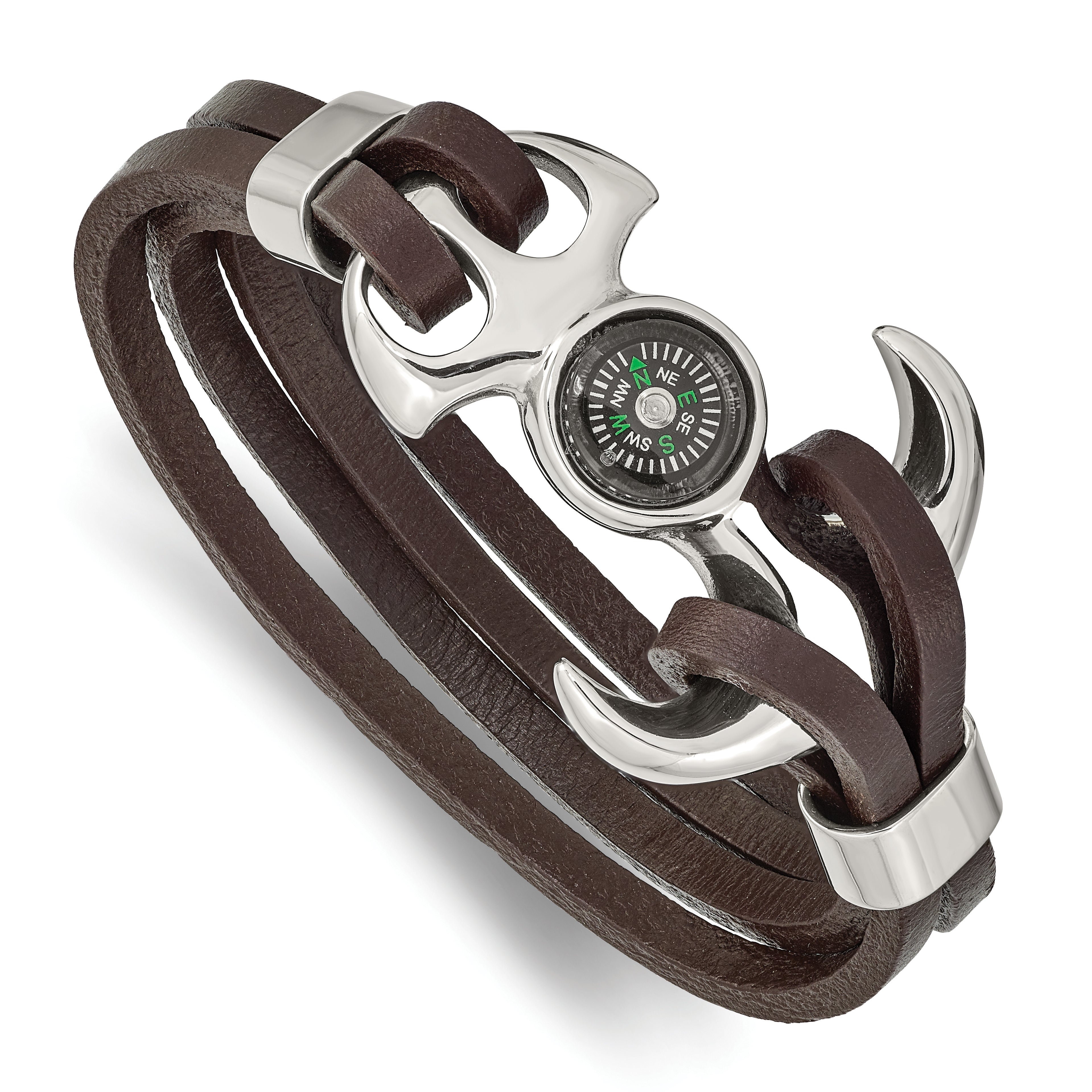 Chisel Stainless Steel Polished Functional Compass Multi Strand Brown Leather 8.5 inch Bracelet