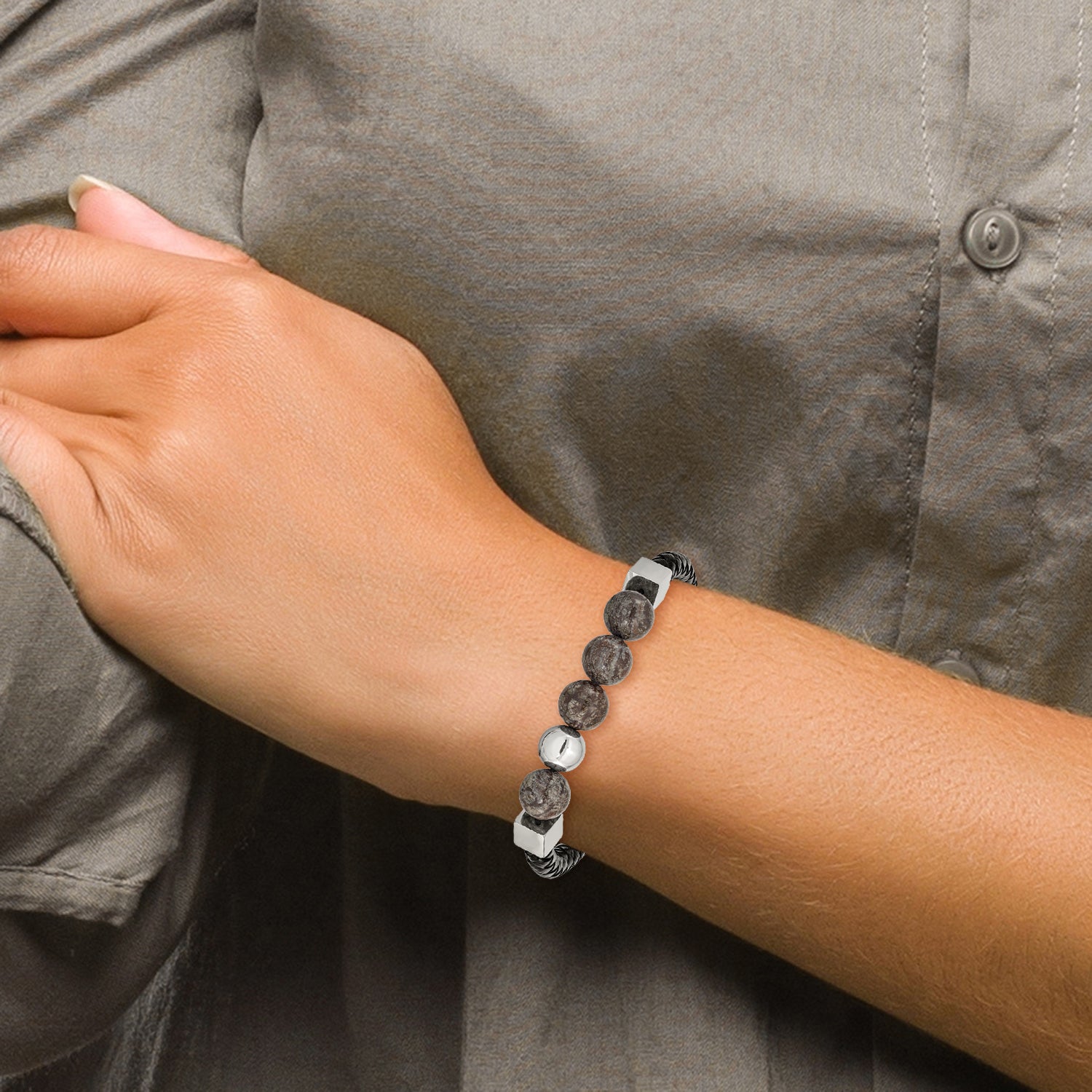 Chisel Stainless Steel Polished with Labradorite Beads Black Leather 8.25 inch Bracelet