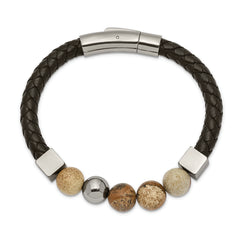 Chisel Stainless Steel Polished with Brown Jasper Beads Black Leather 8 inch Bracelet