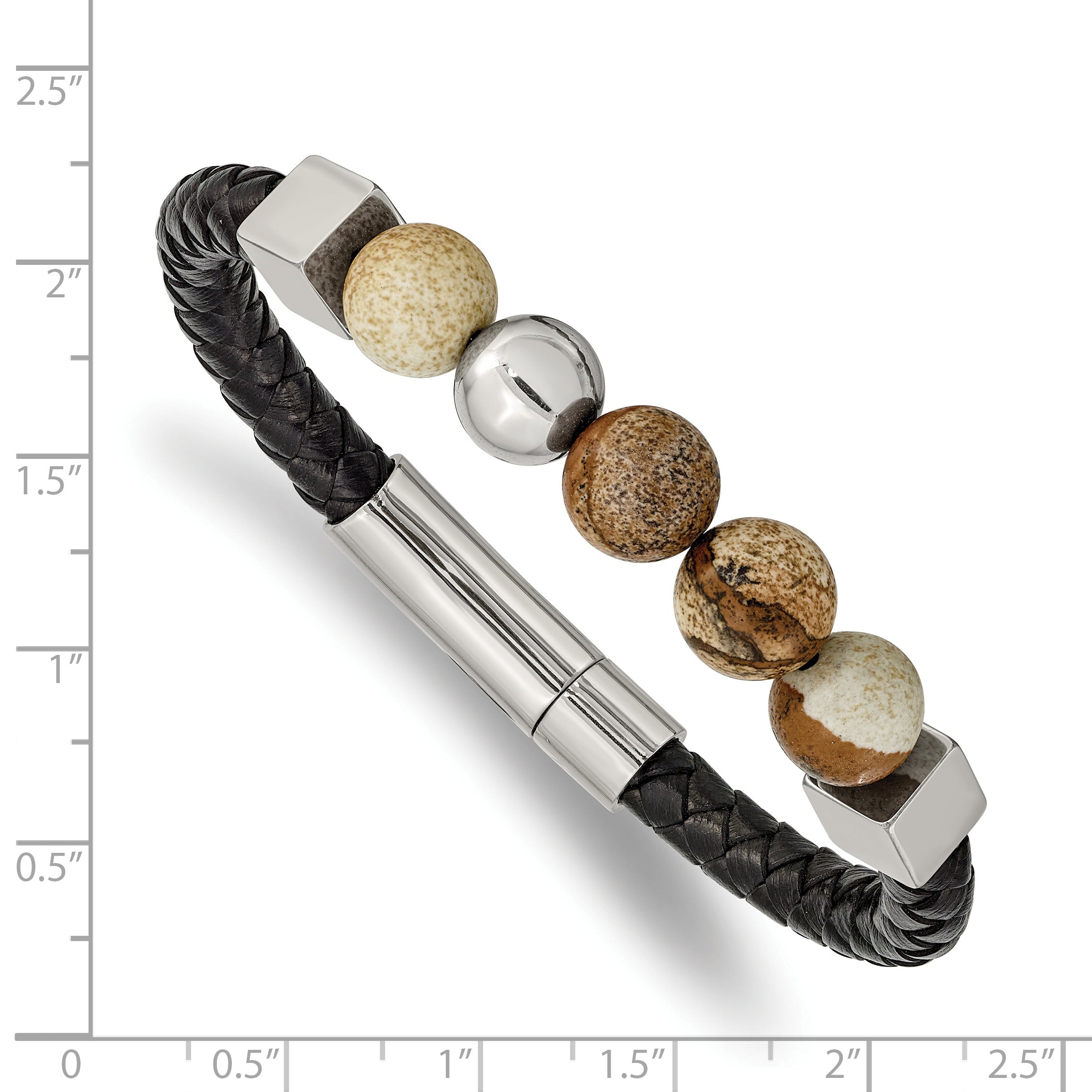 Chisel Stainless Steel Polished with Brown Jasper Beads Black Leather 8 inch Bracelet