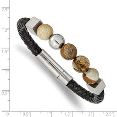 Chisel Stainless Steel Polished with Brown Jasper Beads Black Leather 8 inch Bracelet