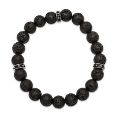 Chisel Stainless Steel Polished Black Enamel 10.5mm Lava Stone Beaded Stretch Bracelet