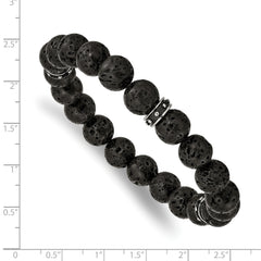 Chisel Stainless Steel Polished Black Enamel 10.5mm Lava Stone Beaded Stretch Bracelet