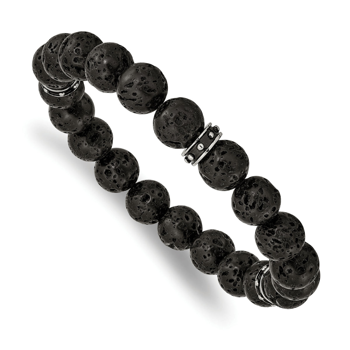 Chisel Stainless Steel Polished Black Enamel 10.5mm Lava Stone Beaded Stretch Bracelet