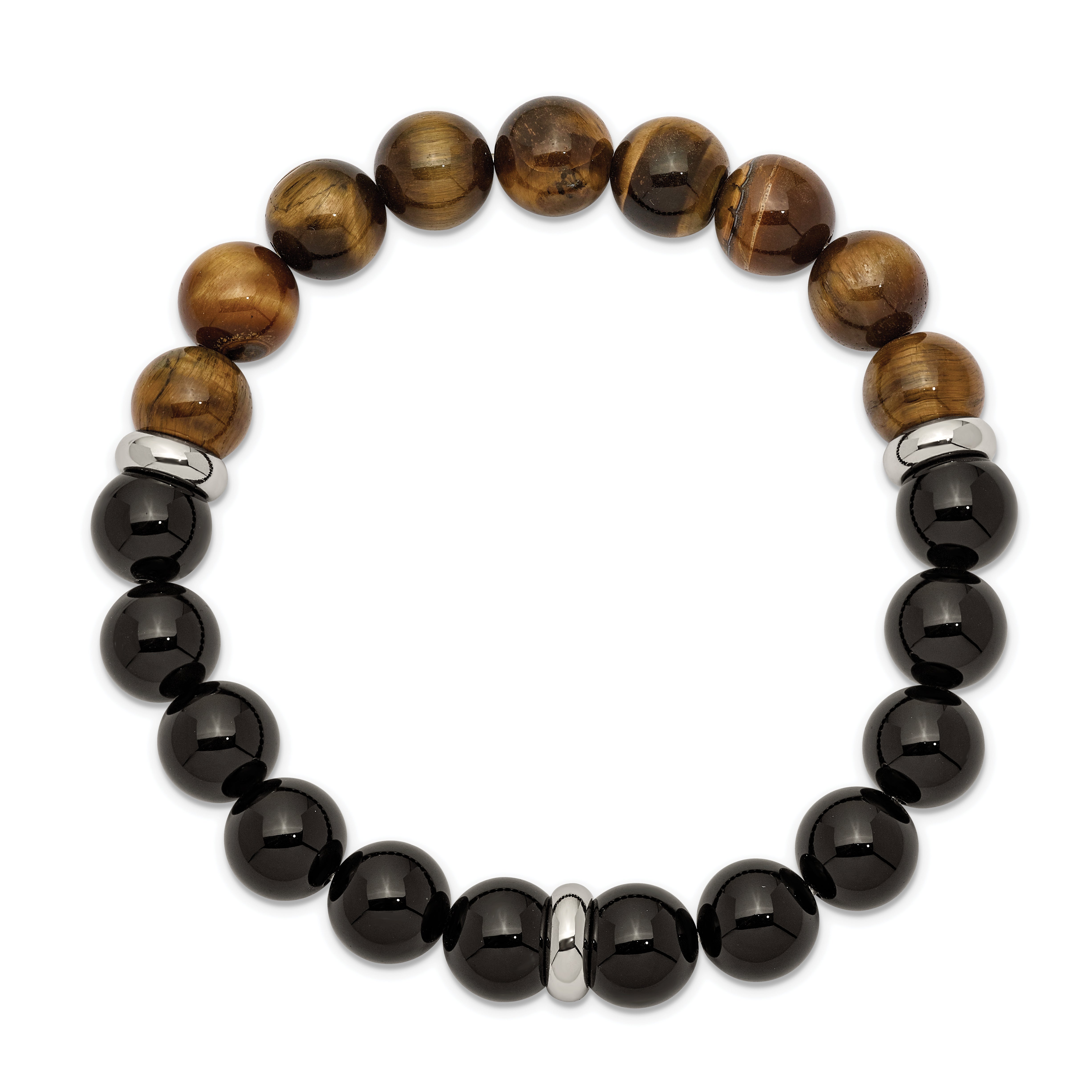 Chisel Stainless Steel Polished 10.5mm Black Agate and Tiger's Eye Beaded Stretch Bracelet