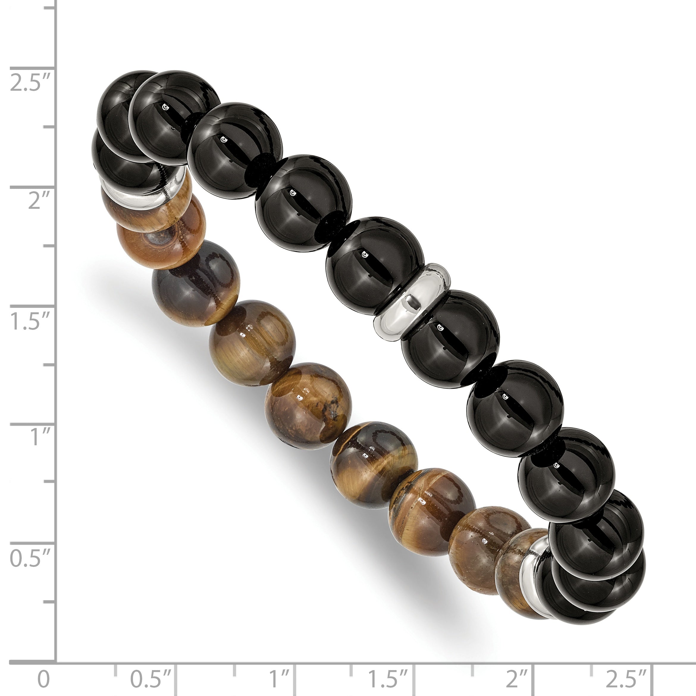 Chisel Stainless Steel Polished 10.5mm Black Agate and Tiger's Eye Beaded Stretch Bracelet