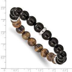 Chisel Stainless Steel Polished 10.5mm Black Agate and Tiger's Eye Beaded Stretch Bracelet