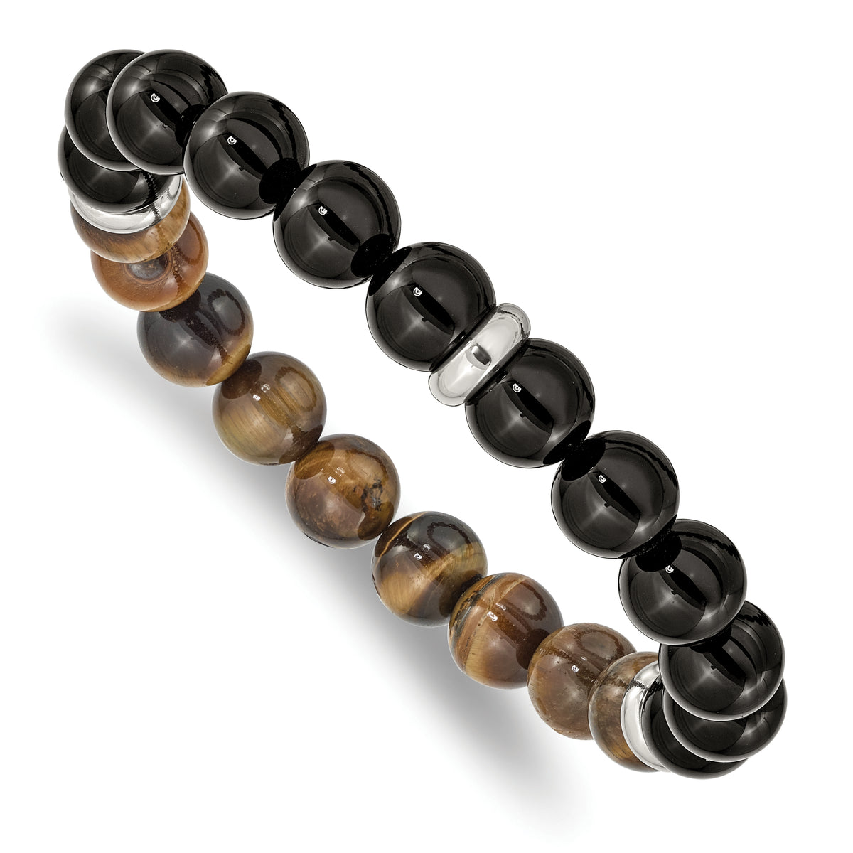 Chisel Stainless Steel Polished 10.5mm Black Agate and Tiger's Eye Beaded Stretch Bracelet