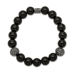 Chisel Stainless Steel Antiqued and Polished 10mm Black Agate Beaded Stretch Bracelet