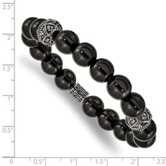 Chisel Stainless Steel Antiqued and Polished 10mm Black Agate Beaded Stretch Bracelet