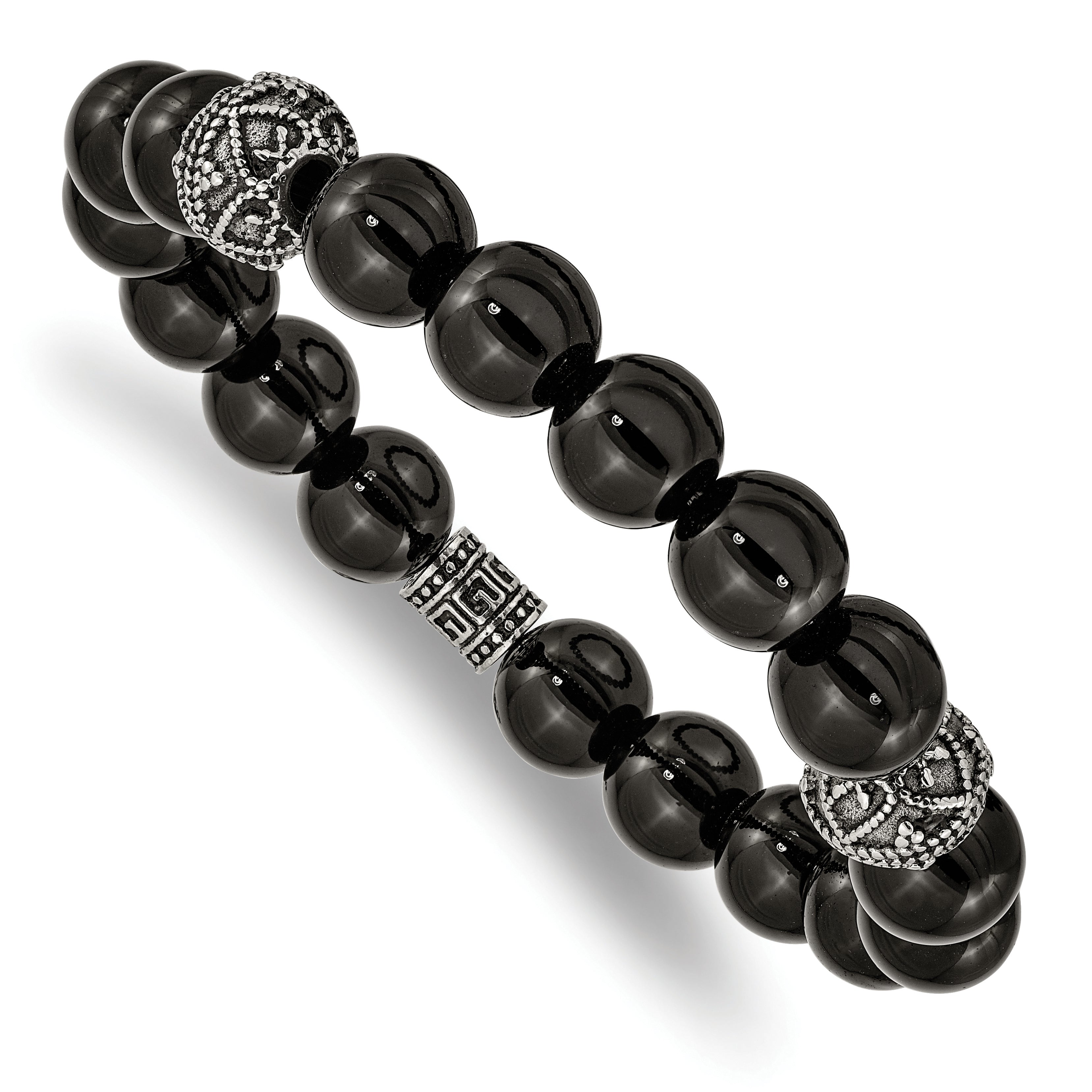 Chisel Stainless Steel Antiqued and Polished 10mm Black Agate Beaded Stretch Bracelet