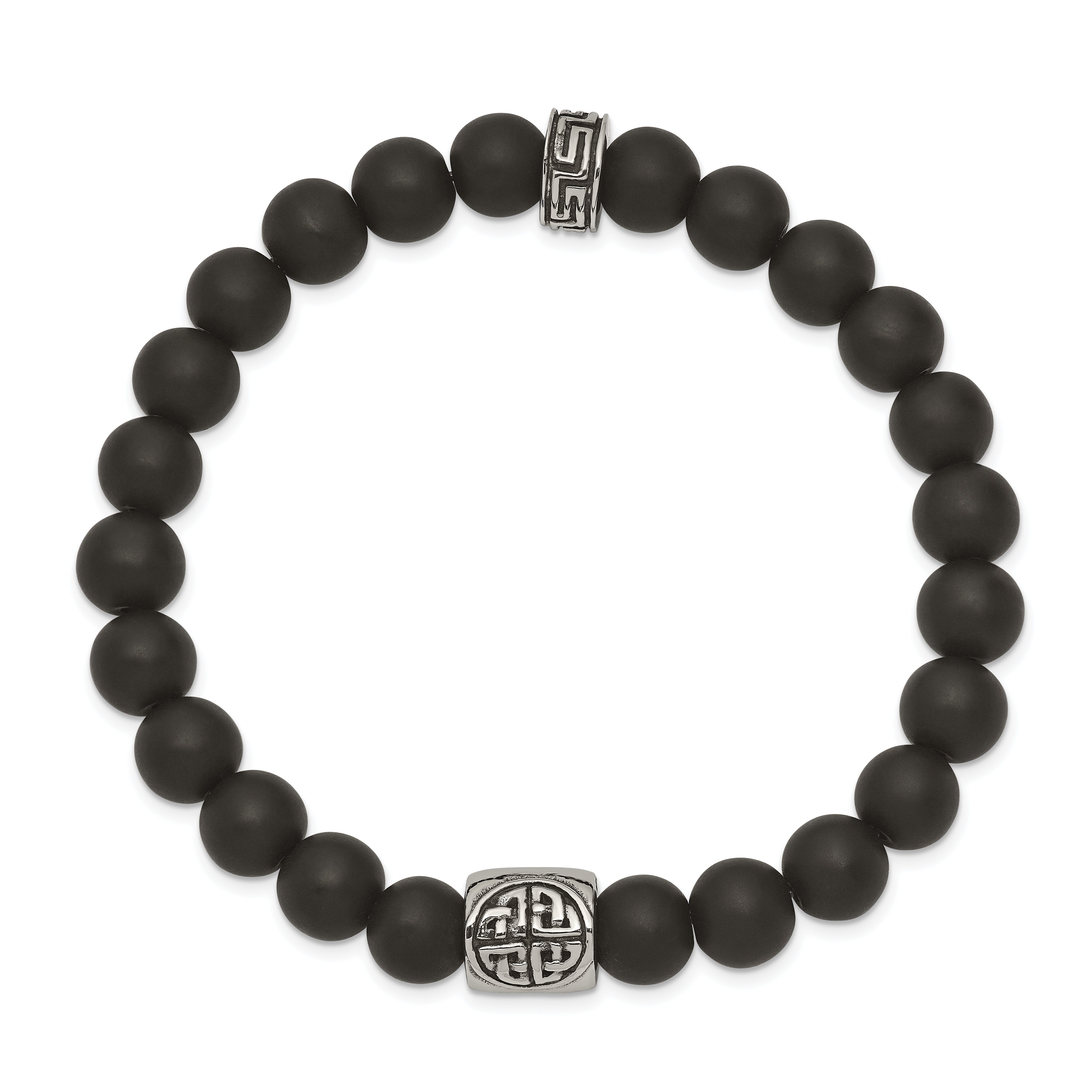 Chisel Stainless Steel Antiqued and Polished Celtic Design and 8mm Black Agate Beaded Stretch Bracelet