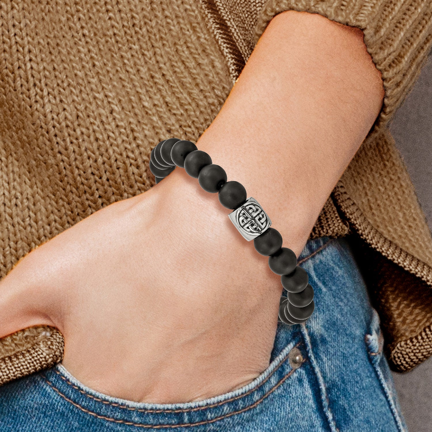 Chisel Stainless Steel Antiqued and Polished Celtic Design and 8mm Black Agate Beaded Stretch Bracelet