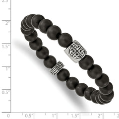 Chisel Stainless Steel Antiqued and Polished Celtic Design and 8mm Black Agate Beaded Stretch Bracelet