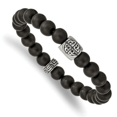 Chisel Stainless Steel Antiqued and Polished Celtic Design and 8mm Black Agate Beaded Stretch Bracelet