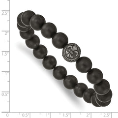 Chisel Stainless Steel Antiqued Fleur de Lis Black Agate Beaded Stretch Bracelet