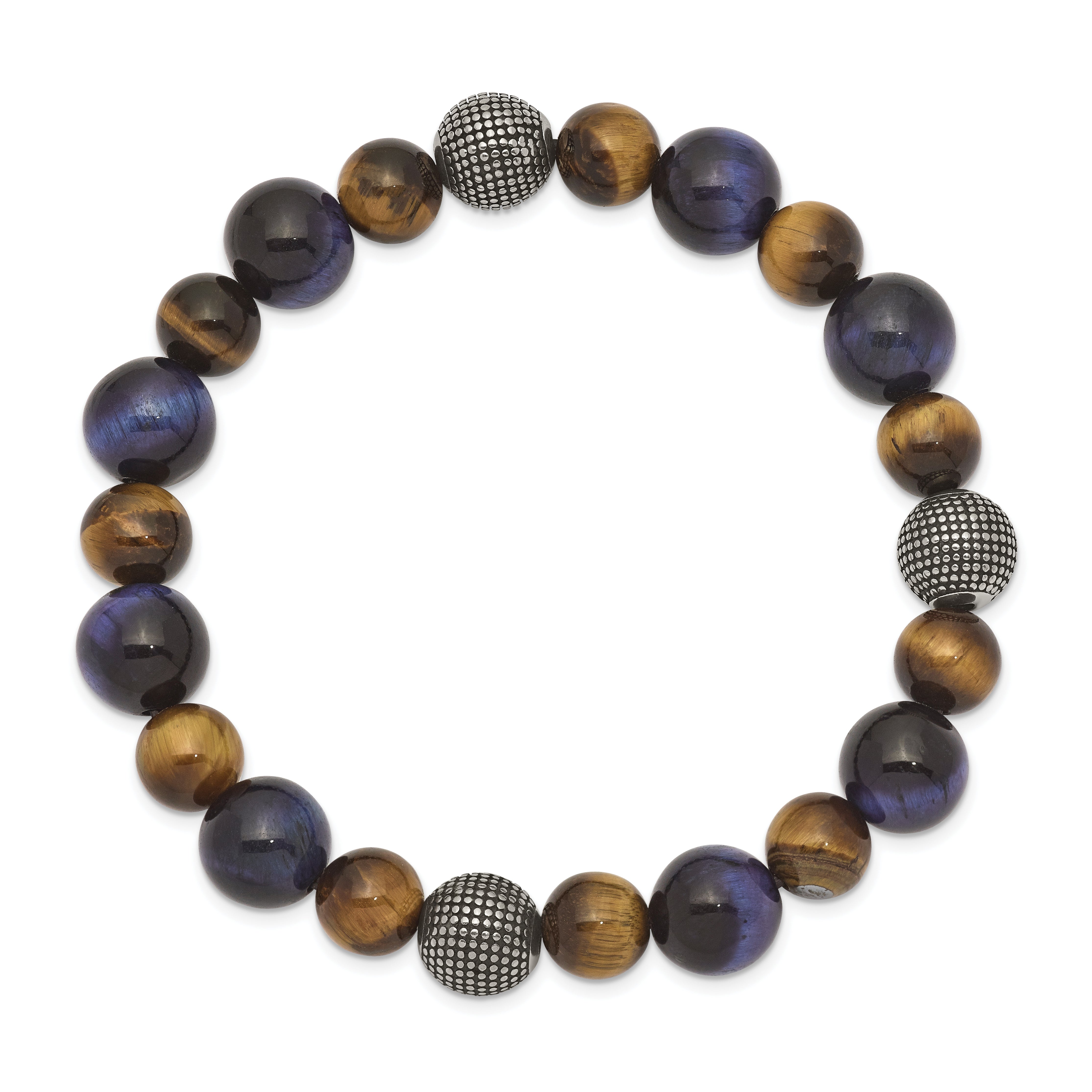 Chisel Stainless Steel Antiqued and Polished 8-10mm Brown and Blue Tiger's Eye Beaded Stretch Bracelet