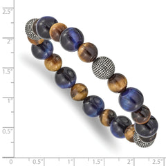 Chisel Stainless Steel Antiqued and Polished 8-10mm Brown and Blue Tiger's Eye Beaded Stretch Bracelet