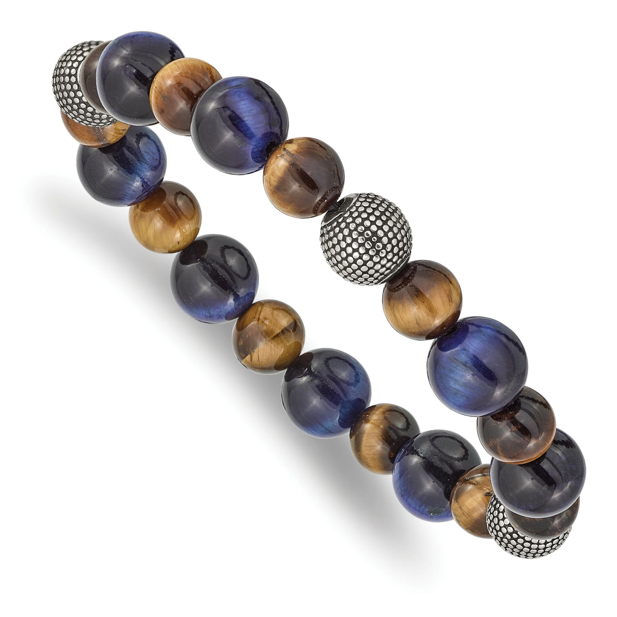 Chisel Stainless Steel Antiqued and Polished 8-10mm Brown and Blue Tiger's Eye Beaded Stretch Bracelet