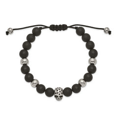 Chisel Stainless Steel Antiqued and Polished Skull Black Onyx Beaded Black Macrame Adjustable Bracelet