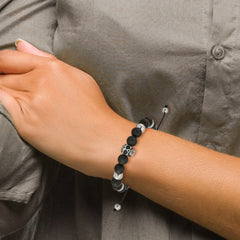 Chisel Stainless Steel Antiqued and Polished Skull Black Onyx Beaded Black Macrame Adjustable Bracelet