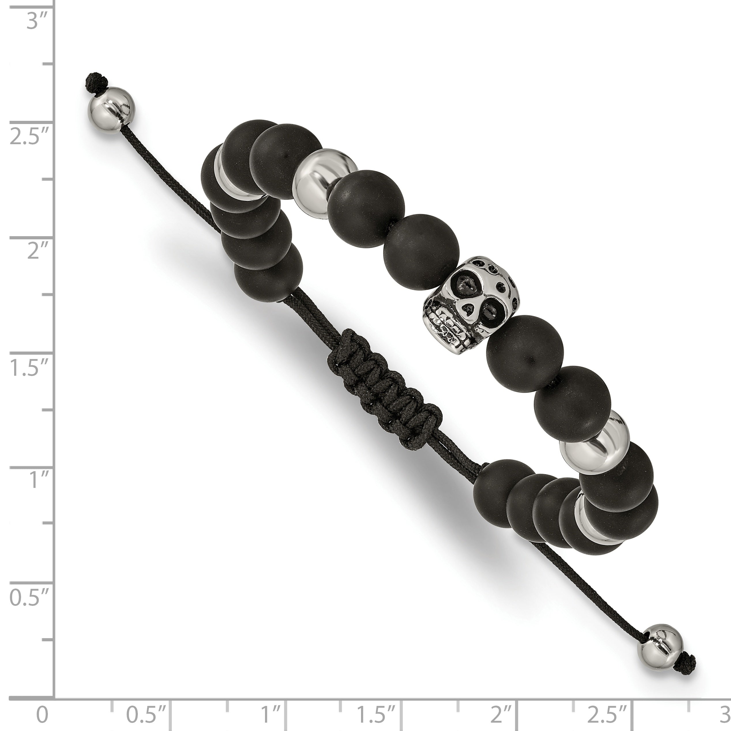 Chisel Stainless Steel Antiqued and Polished Skull Black Onyx Beaded Black Macrame Adjustable Bracelet