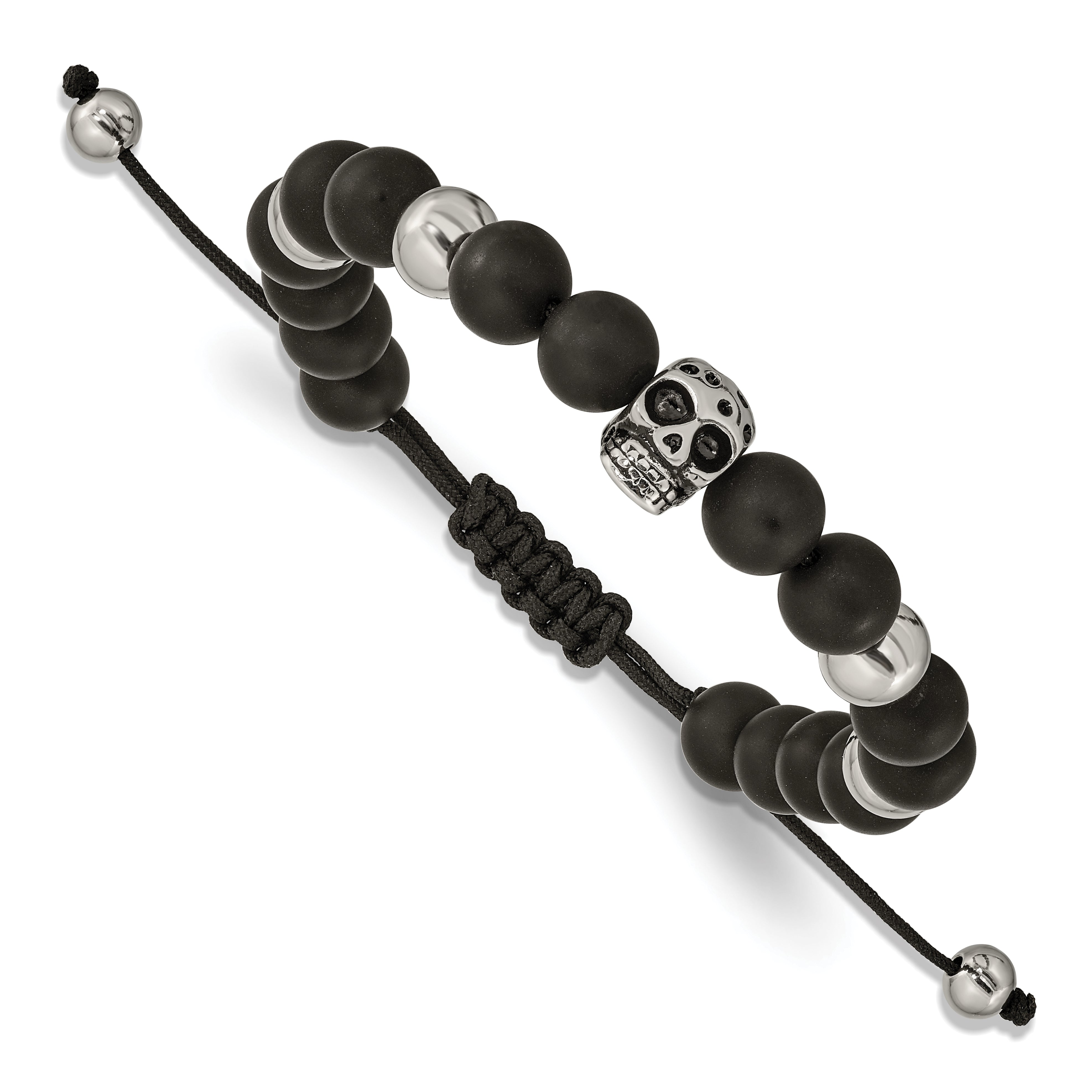 Chisel Stainless Steel Antiqued and Polished Skull Black Onyx Beaded Black Macrame Adjustable Bracelet