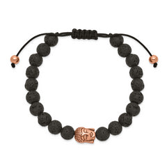 Chisel Stainless Steel Antiqued and Polished Rose IP-plated Buddha Lava Stone Black Macrame Adjustable Bracelet