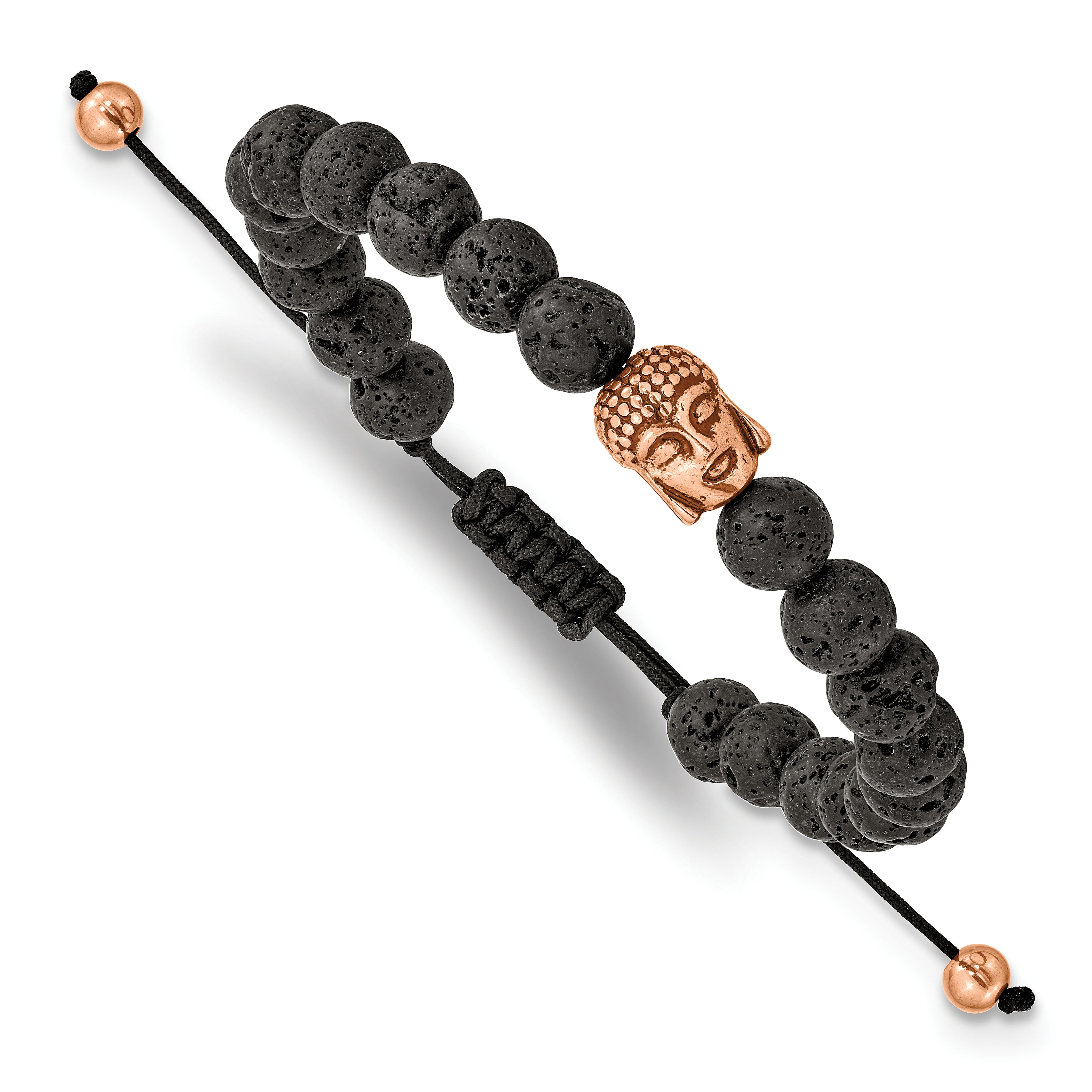 Chisel Stainless Steel Antiqued and Polished Rose IP-plated Buddha Lava Stone Black Macrame Adjustable Bracelet