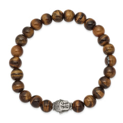 Chisel Stainless Steel Antiqued and Polished Buddha 8mm Tiger's Eye Beaded Stretch Bracelet