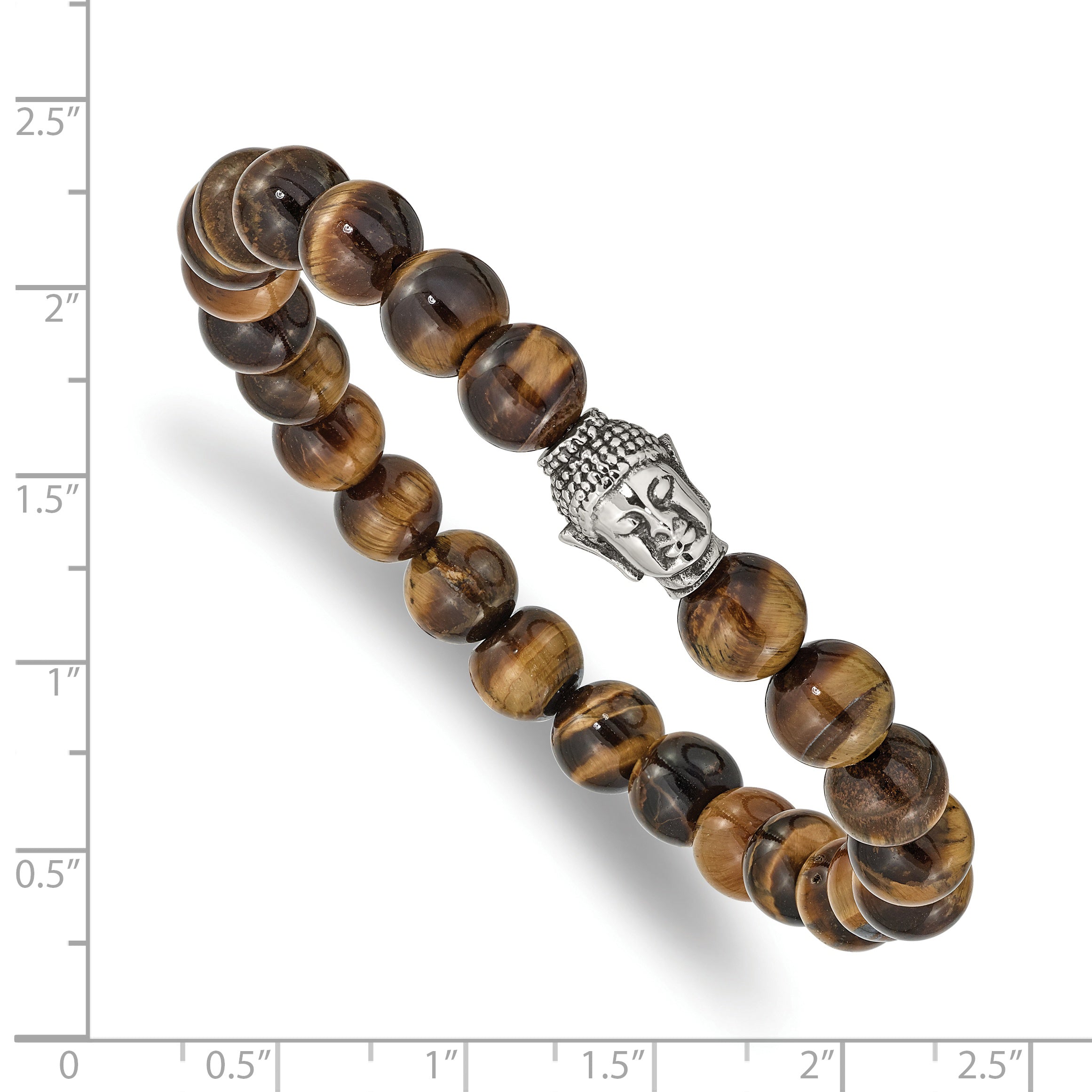 Chisel Stainless Steel Antiqued and Polished Buddha 8mm Tiger's Eye Beaded Stretch Bracelet