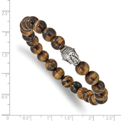 Chisel Stainless Steel Antiqued and Polished Buddha 8mm Tiger's Eye Beaded Stretch Bracelet