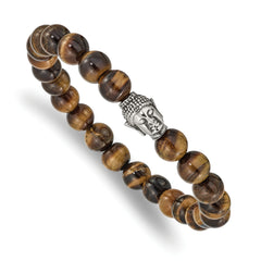 Chisel Stainless Steel Antiqued and Polished Buddha 8mm Tiger's Eye Beaded Stretch Bracelet