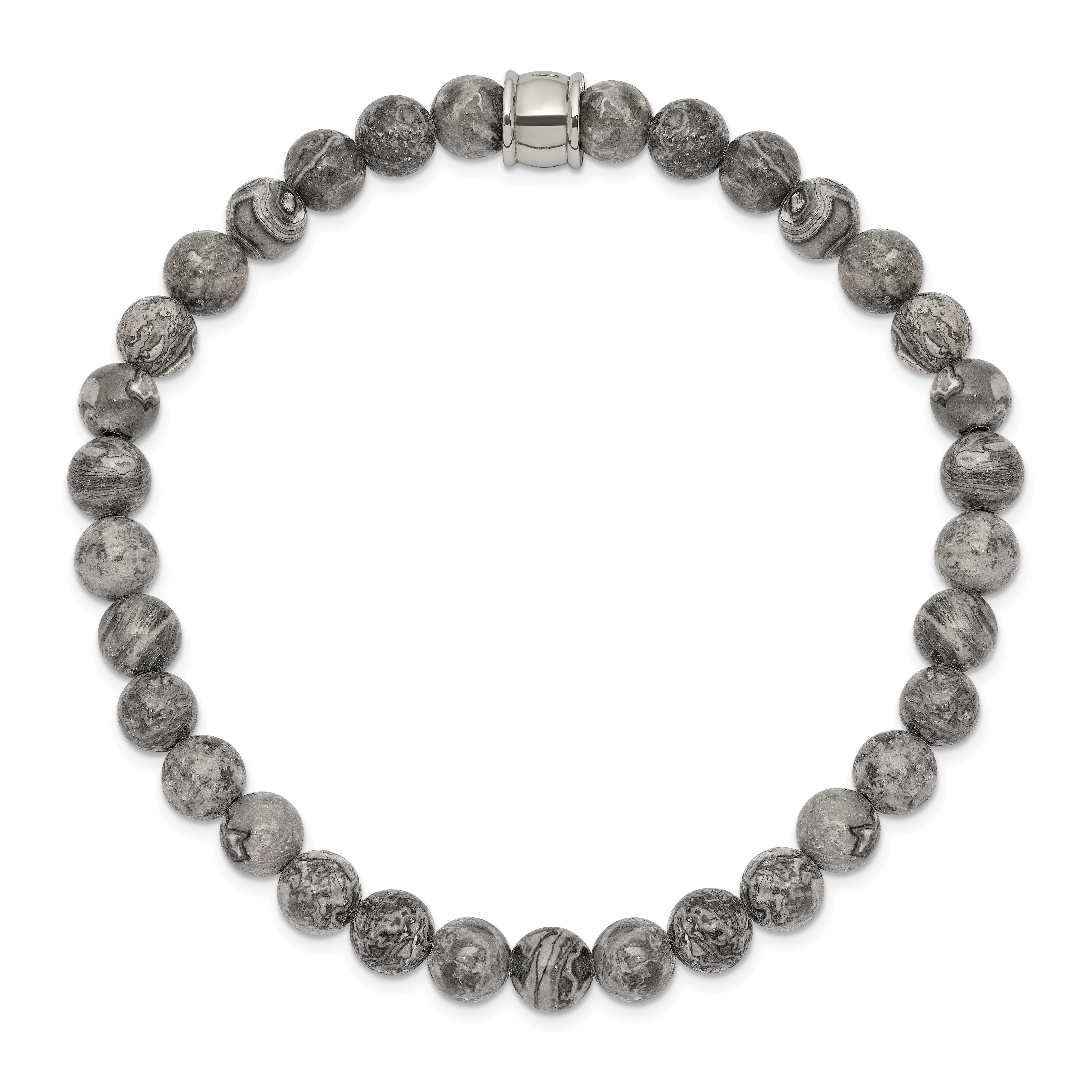 Chisel Stainless Steel Polished 6mm Grey Jasper Beaded Stretch Bracelet